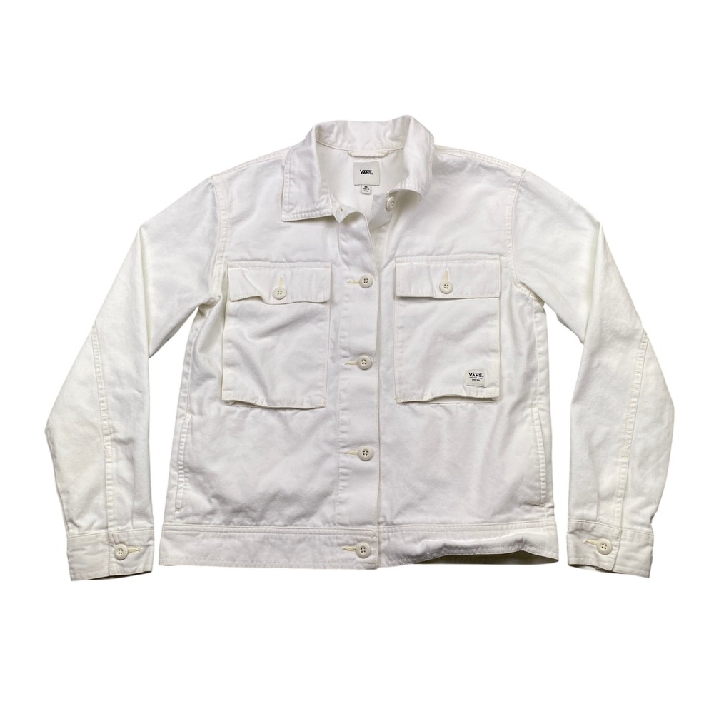 Vans White Denim Chore Jacket Button Front Utility Canvas Coat Women XS‎ Grunge